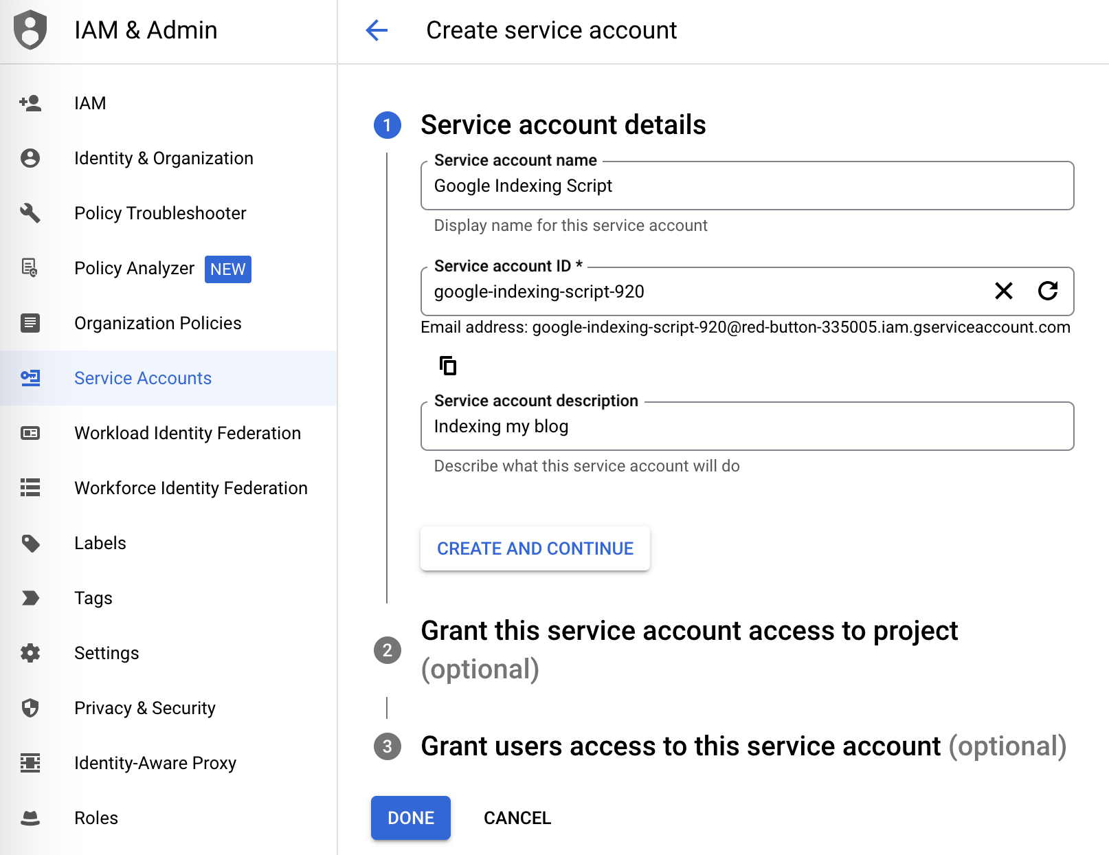 Create a service account